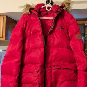 Men's Red Puffer Jacket with Faux Fur Hood